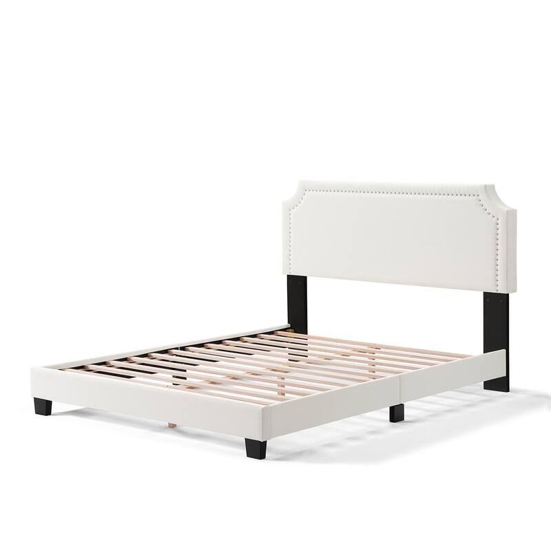Upholstered Platform Bed Frame with Nailhead Trim/Adjustable Headboard/Solid Wooden Slats Support/No Box Spring Needed - Beige