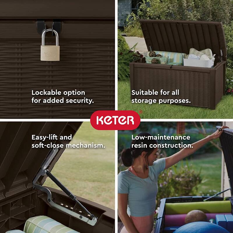 Keter Borneo 110 Gallon Rattan Resin Patio Storage Deck Box and Bench (2 Pack) - 32.2