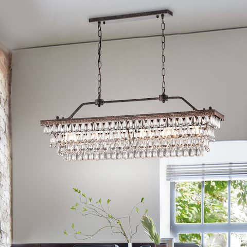 Antique Bronze 6-Light Rectangular Kitchen Island Lighting with Crystal Hanging - Antique Bronze