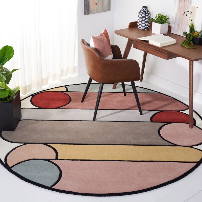 SAFAVIEH Handmade Fifth Avenue Giota Mid-Century Modern Wool Rug - 7' Round - Ivory/Multi
