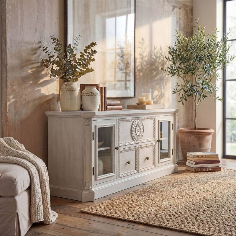 Farmhouse TV Stand with Storage, Solid Wood Media Console Cabinet for Living Room, Fully Assembled