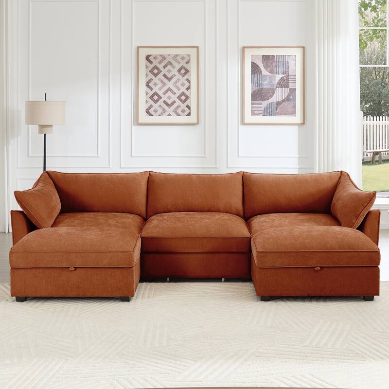 U-Shape 3-Deep Seater Sofa Couch with 2 Movable Storage Ottomans & Pull Out Drawers