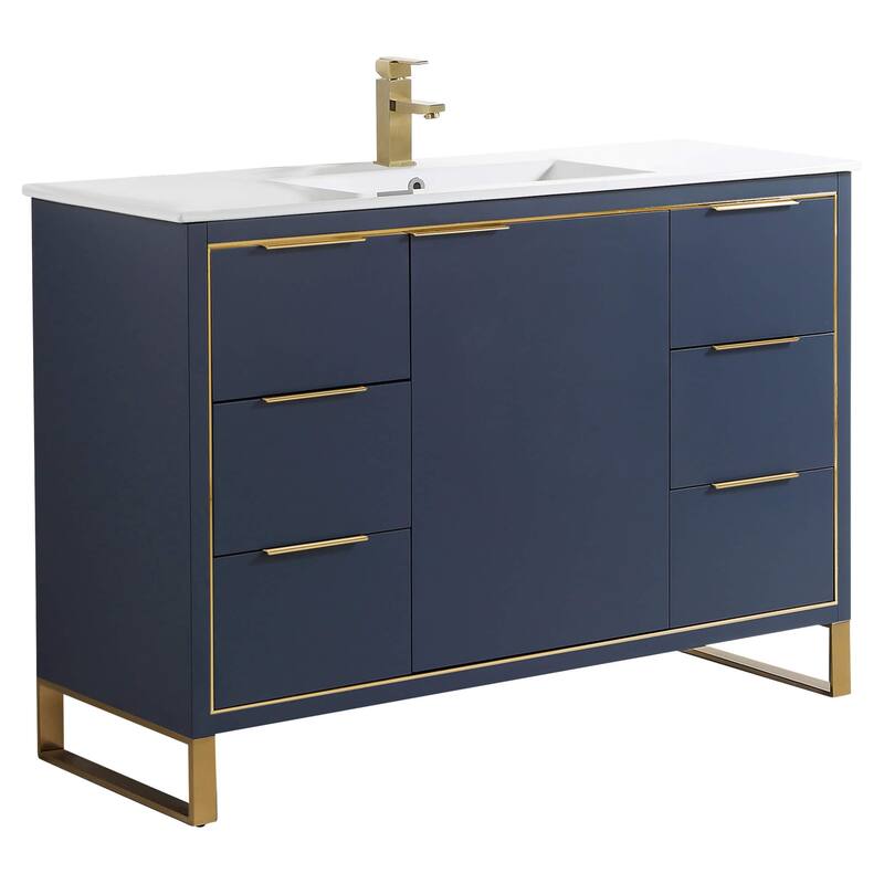 Fine Fixtures Opulence Collection Bathroom Vanity with White Ceramic Sink - 48 Inch - Navy Blue - Satin Brass Hardware