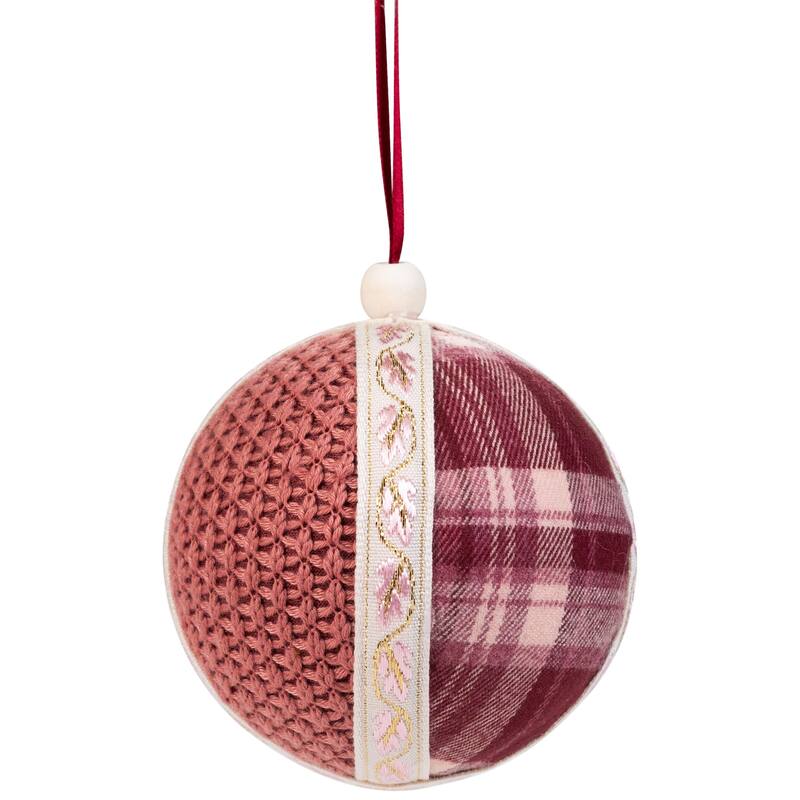 Plaid and Knitted Christmas Ball Ornaments - 3.5" - Maroon and Ivory - Set of 4