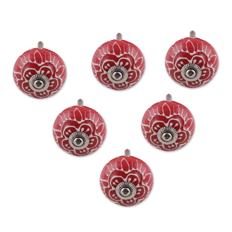 Novica Handmade Red Flowers Hand Painted Knobs (Set Of 6)
