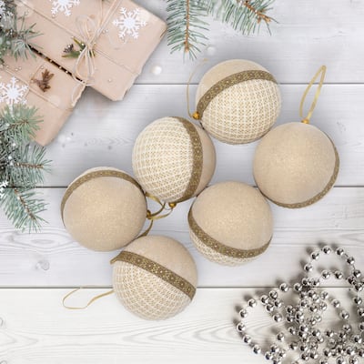 Mesh and Ribbon Christmas Ball Ornament - 4" - Gold - Set of 6