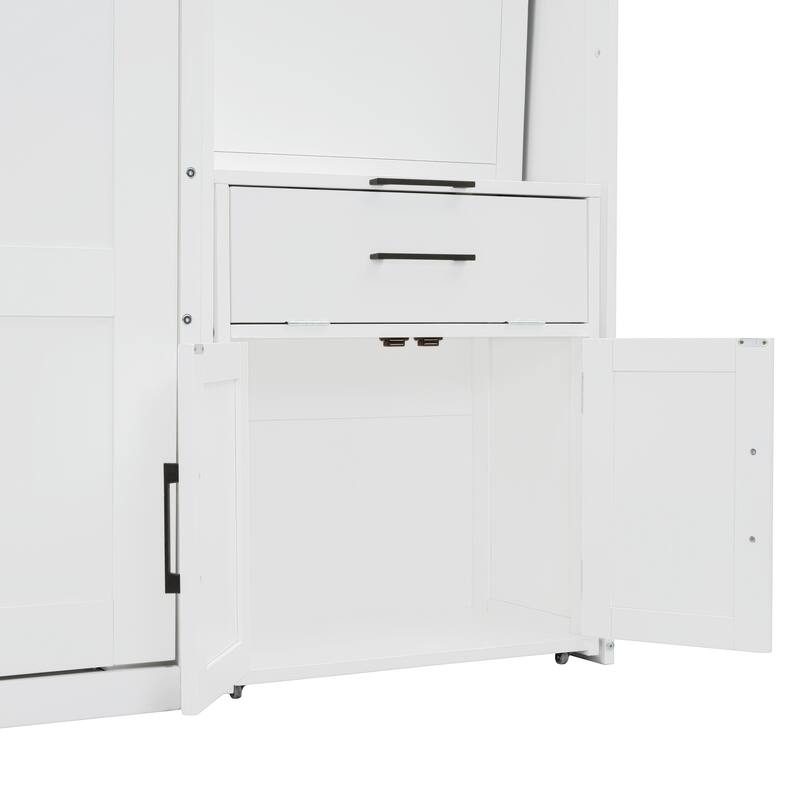 Twin Size Wood Murphy Bed with Desk, Foldable Wall Bed with Closet and Open Shelves, Hidden Cabinet Bed Frame with Drawers