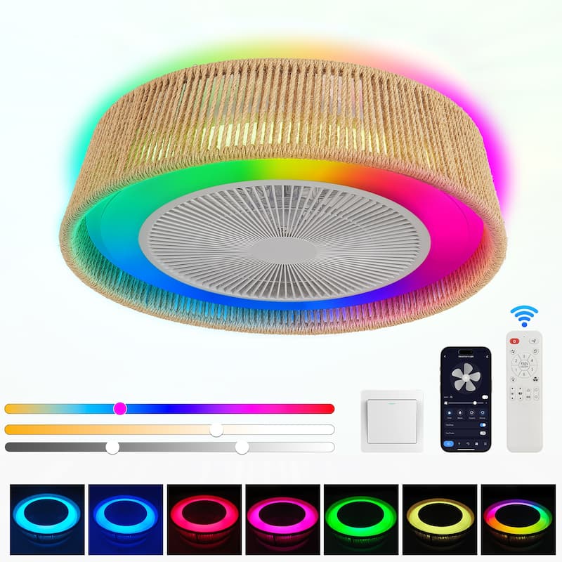 21" Modern Rustic Ceiling Fan Light with LED RGB Mood Lighting, Rope Woven Design, Quiet Fan, Semi Flush Mount - White