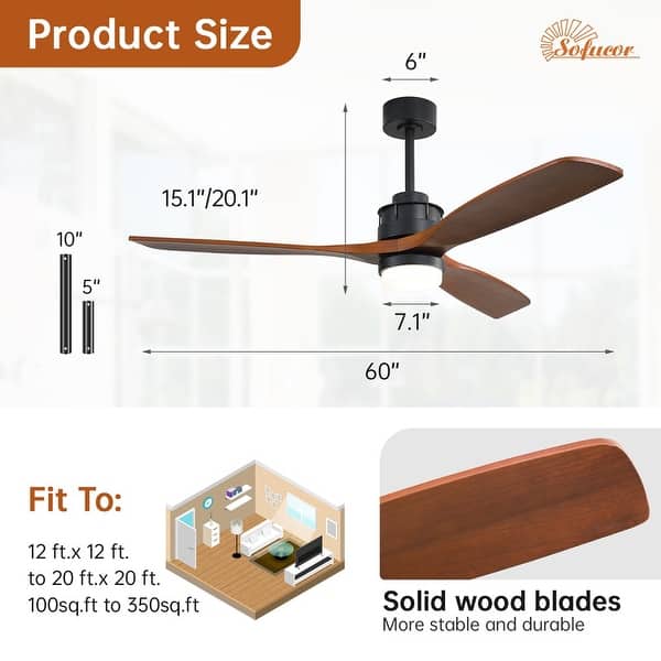 dimension image slide 3 of 29, Sofucor 42"/48"/ 52"/60"Noiseless Walnut Wood Ceiling Fan with Remote Control, Integrated Light Optional