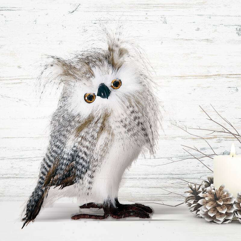 10.5" Standing Owl with Zebra Feather Christmas Plush Figurine