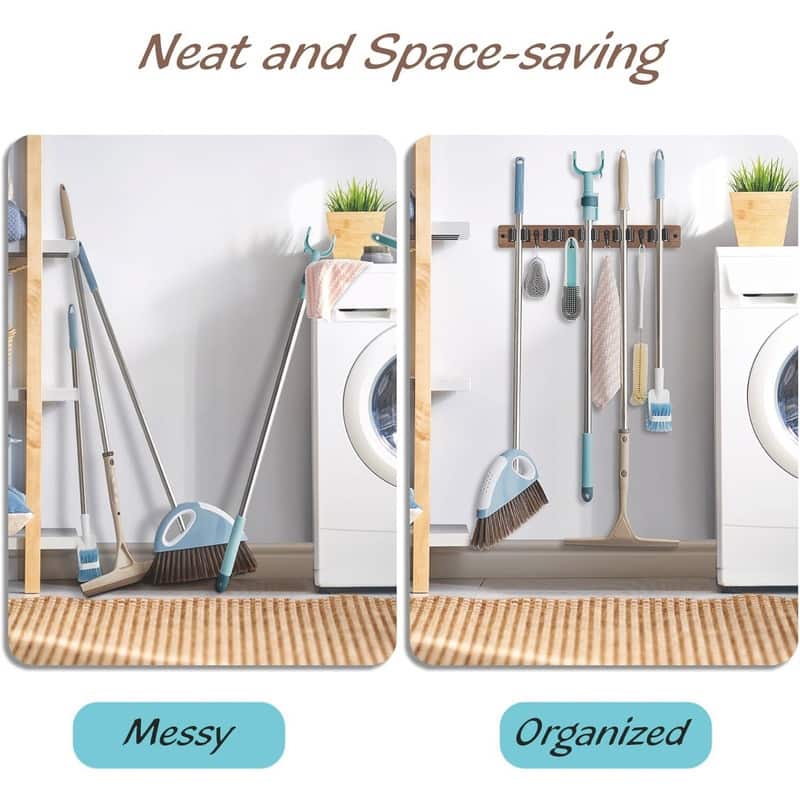 Mop and Broom Holder Wall Mount With 5 Slots & 4 Hooks - 1 Pack