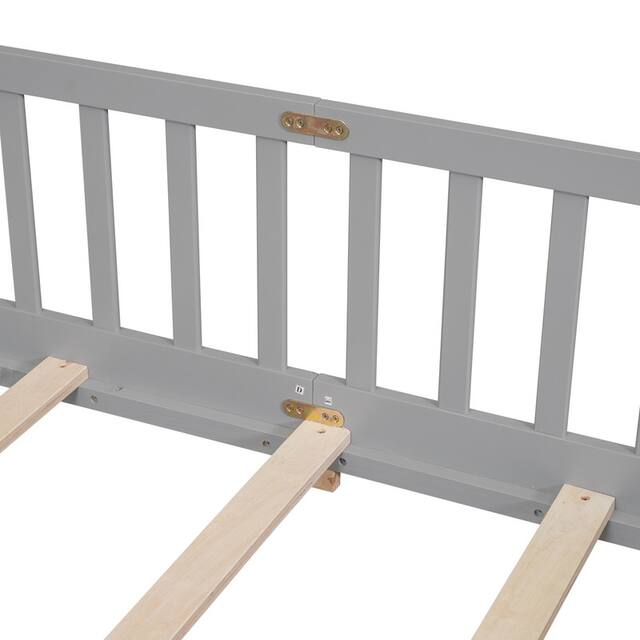 Twin/Full/Queen size Floor Platform Bed with Fence and Door for Kids, Toddlers