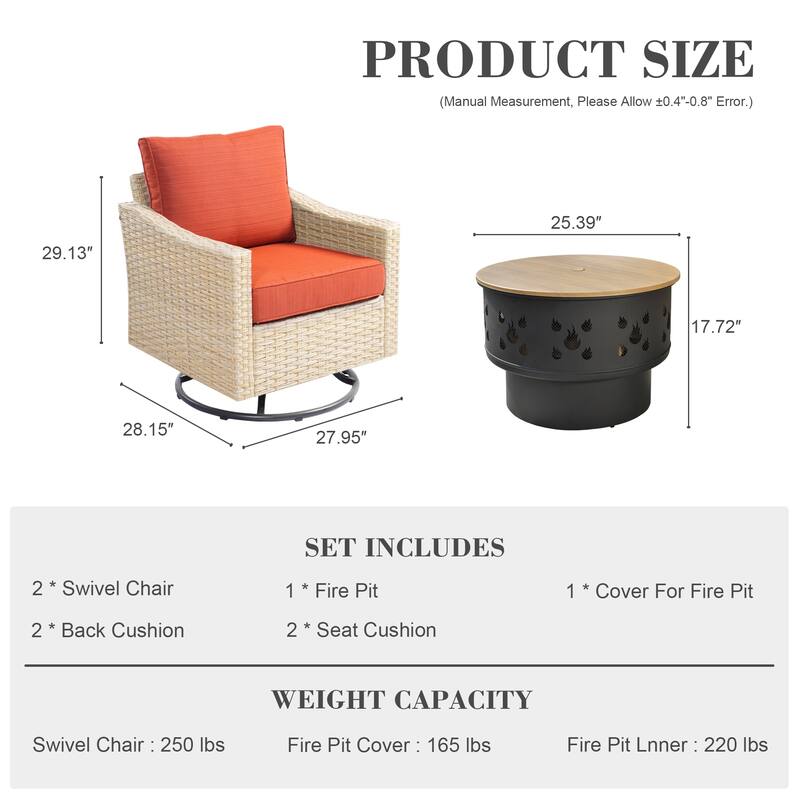 HOOOWOOO Outdoor 3-piece Rattan Wicker Swivel Rocking Chair Set with Wood Burning Fire Pit