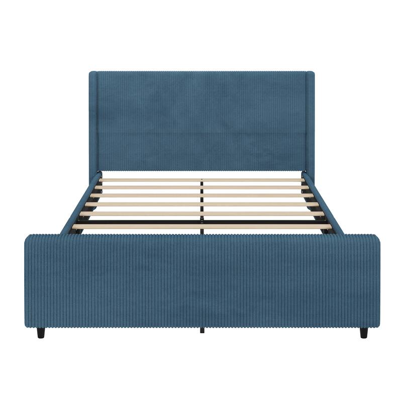 King Size Corduroy Upholstered Platform Bed with Vertical Stripe Wingback and High Footboard