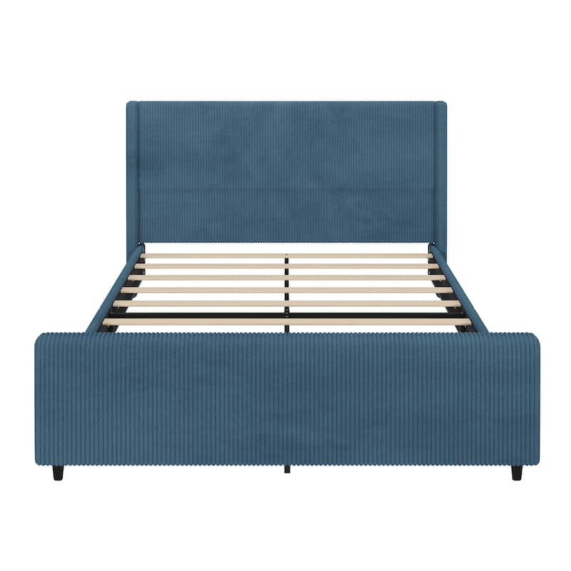 Vertical Stripe Wingback Bed Corduroy Fabric Frame Platform Bed