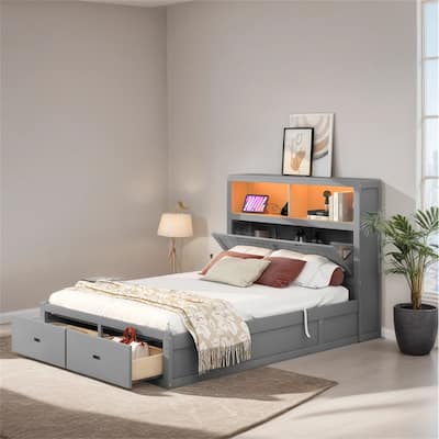 Wood Queen Size Hydraulic Platform Bed with Storage LED Headboard