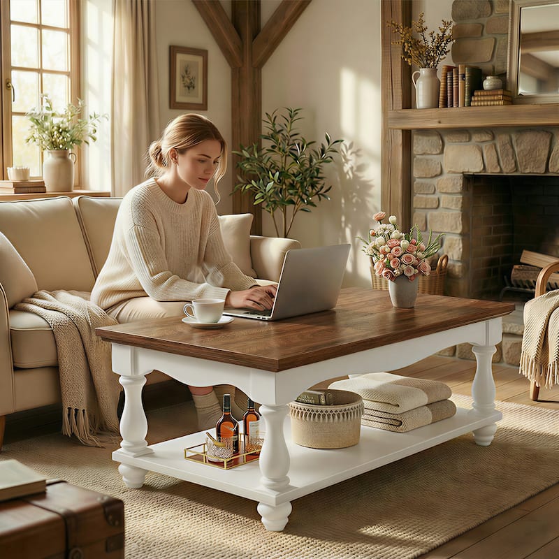 French Country Coffee Table with Storage Shlef, Farmhoues Retangular Living Room Table