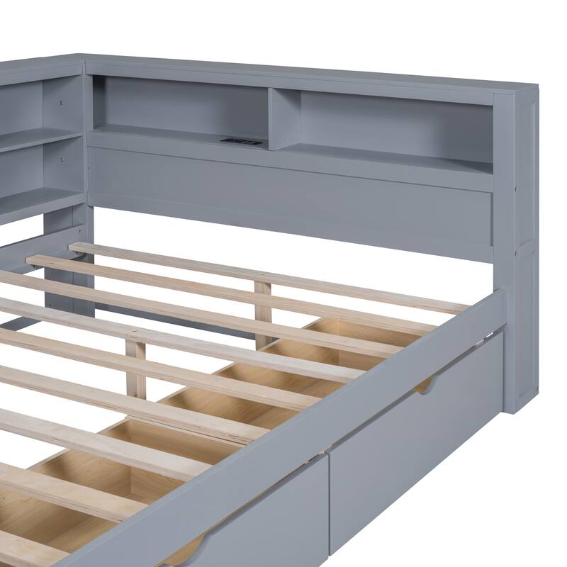 Full Size Wooden Daybed with 2 Drawers, Storage Shelf and USB Charging Ports for Bedroom