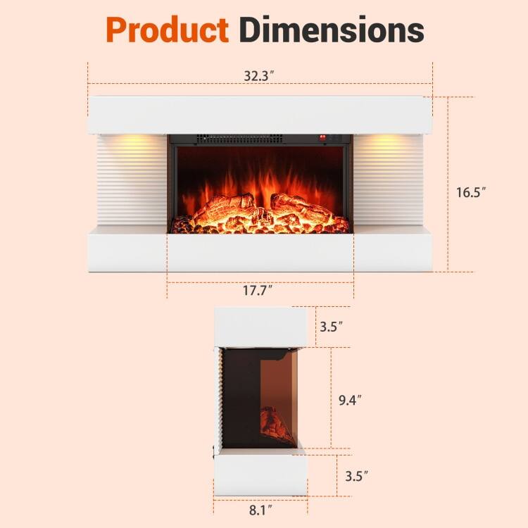 White Wall Mounted Floating Electric Fireplace with and 3-Sided Tempered Glass and Remote Control