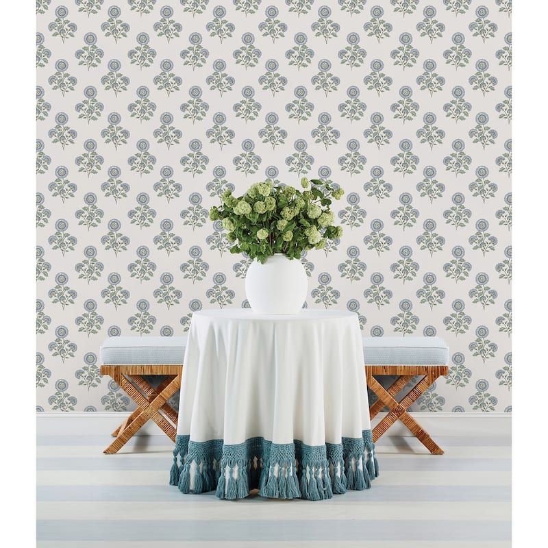 Society Social Flourish Block Print Blue and Green Multi Peel and Stick Wallpaper