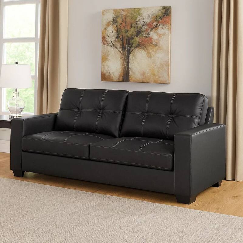 Barl Sofa Sleeper, Queen Size Pull Out Bed, 85 Inch Black Faux Leather