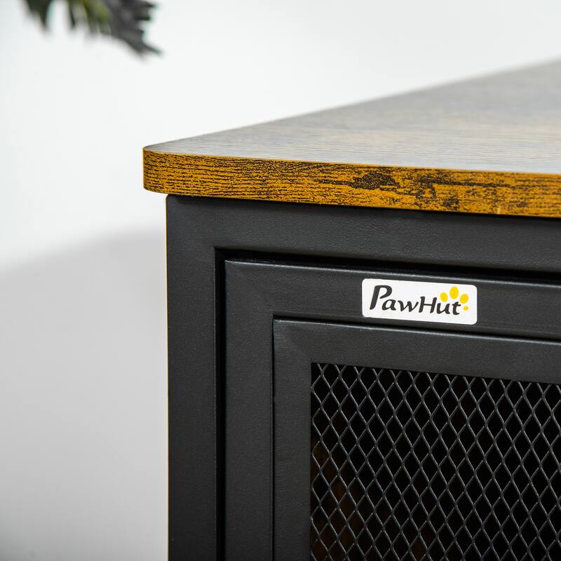 Furniture Style Dog Cage, Wood & Steel End Table Pet House with Cushion and Sliding Doors