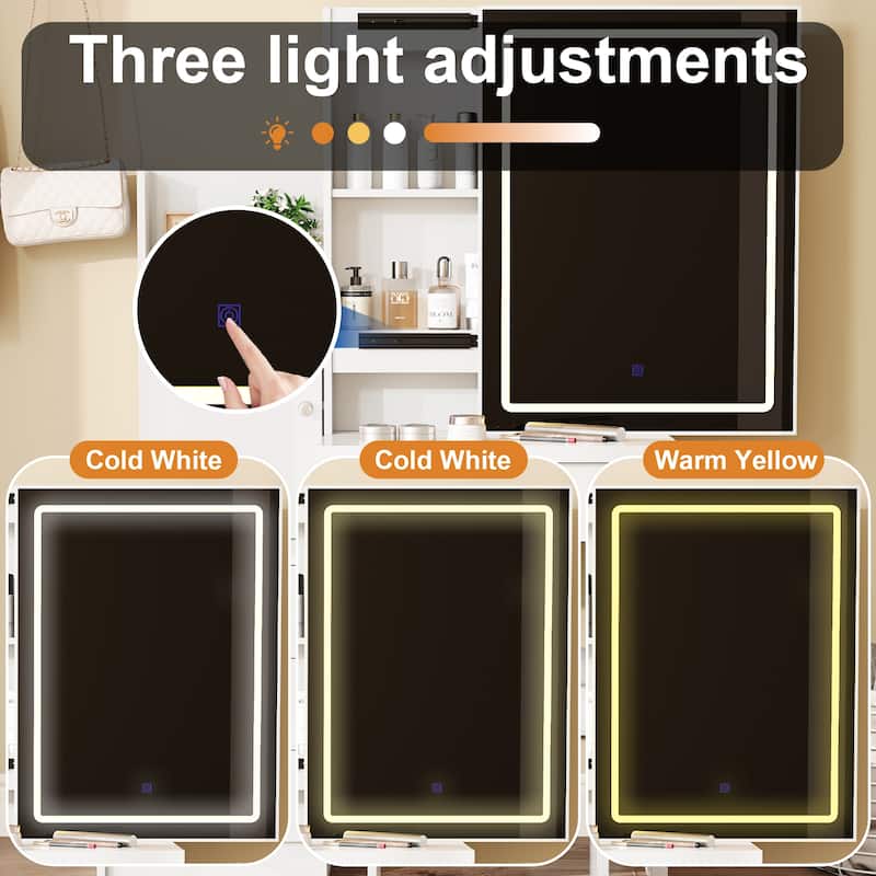 Vanity Desk Set with Sliding Lighted Mirror, Makeup Dressing Table