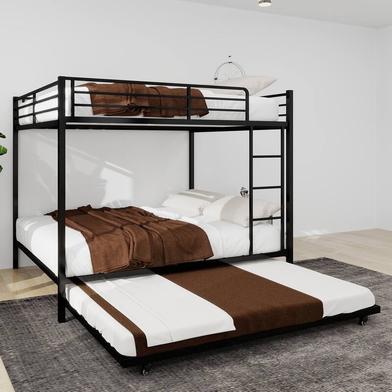 Modern Minimalist Iron Bunk Bed with Safety Rails, Trundle, and Easy Assembly for Kids, Guests, or Shared Spaces