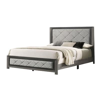 Linen Upholstered Bed with Lozenge Design in Gray