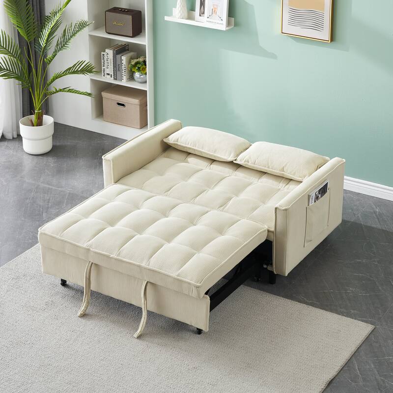 Corduroy Pull Out Loveseat Sofa Convertible Sleeper Love Seat Bed Adjustable Backrest Tufted Couch w2 Pillo & Pockets