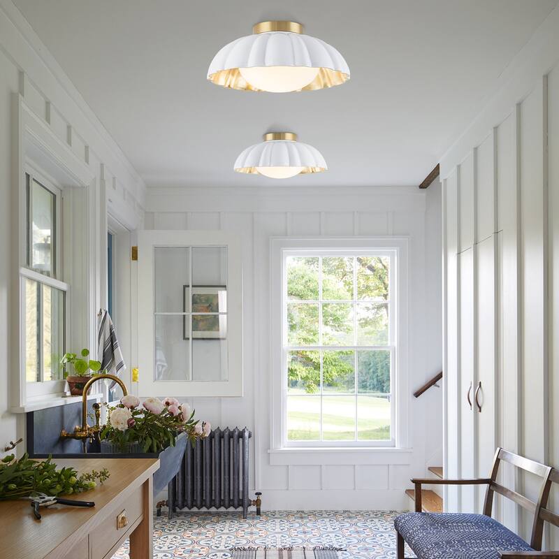 Dome Milky White Shade Flush Mount Ceiling Light with Gold Foil Interior - Dia.13.58-in