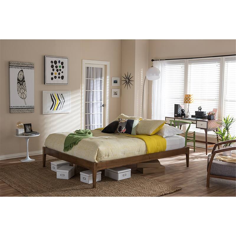 Queen Size Bed Frame Solid Wood Platform Bed Walnut Finish Modern Style Headboard Footboard