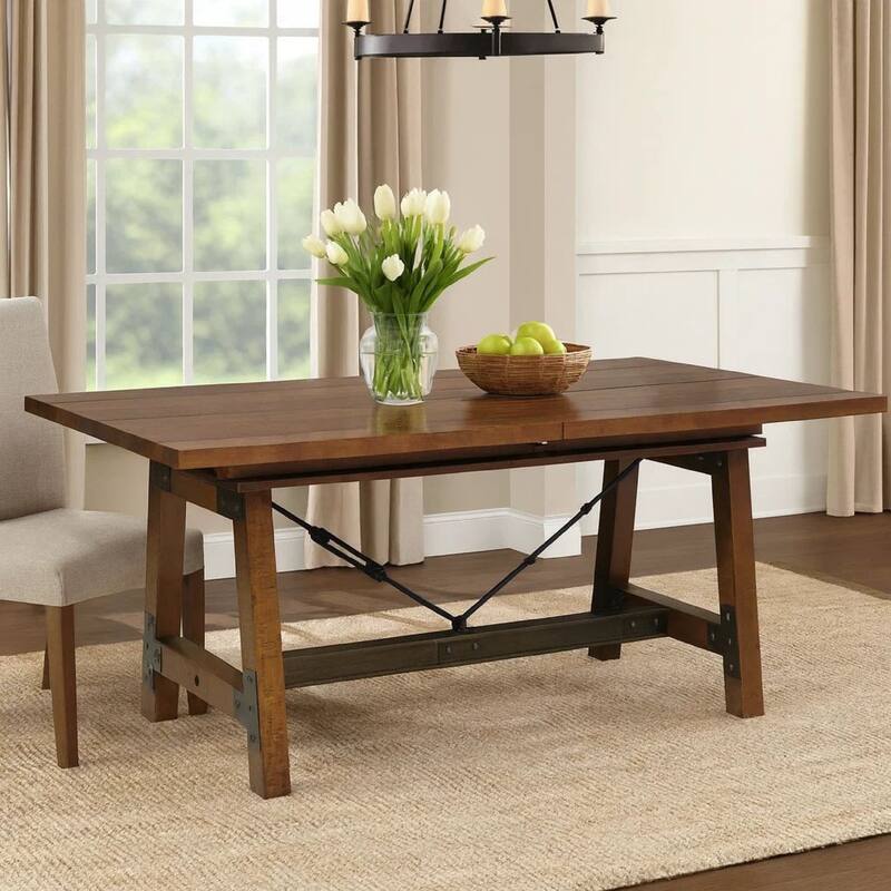 Wooden Dining Table with Extendable Leaf and Block Legs, Brown