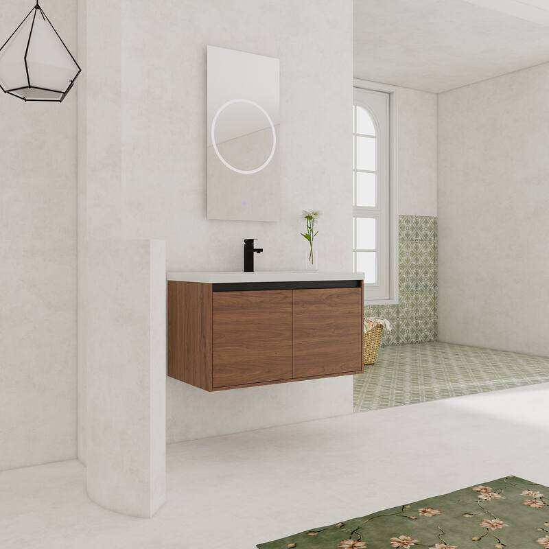GDFStudio - Levistar Modern Wall-Mounted Bathroom Vanity Set with Scratch-Resistant Resin Sink & Soft Close Doors