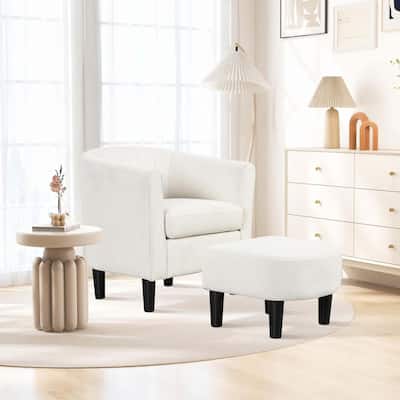 Modern Accent Chair w/ Ottoman Upholstered Teddy Velvet Barrel Chair