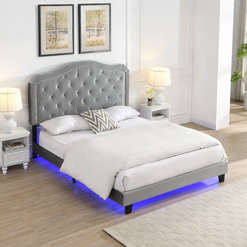 Upholstered Bed Button Tufted Curve Design Wood Slat Support LED Light Platform Bed Queen Light Grey - Light Gray
