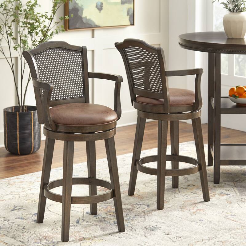 Lifestorey Thurston Solid Wood Cane 30-inch Swivel Barstool - Dark Brown with Arms