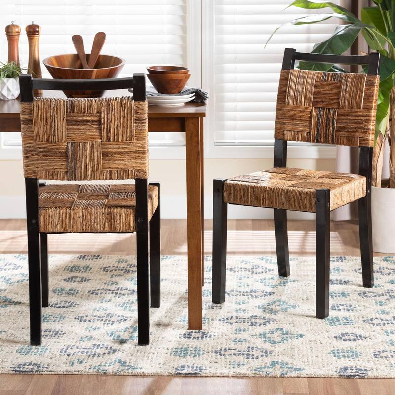 Raniya Handwoven Seagrass Dining Chair Set of 2- Solid Mango Wood Frame with Woven Seat and Backrest, Black