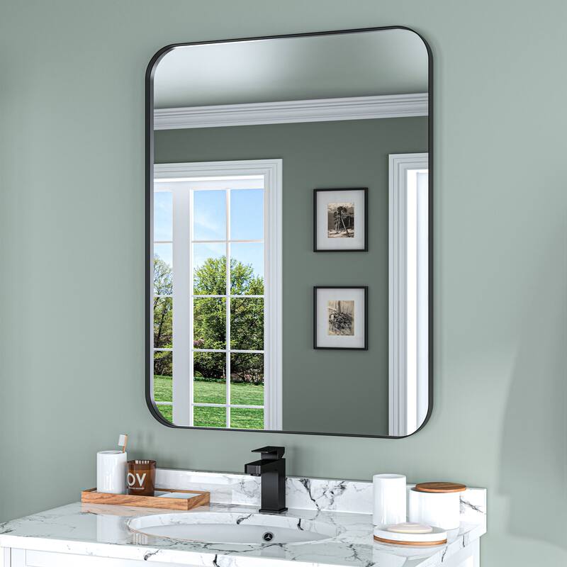 TOOLKISS Aluminum Alloy Round Corner Frame Vanity Mirror - 36 in. W x 28 in. H - Matte Black