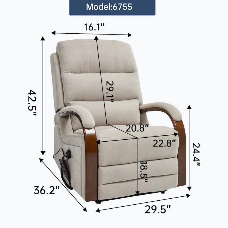 Chenille Power Lift Recliner Chair with Heat & Massage, Infinite Position Electric Recliner with Wood Armrests & Side Pockets