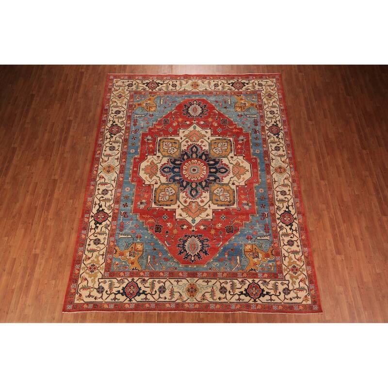 Vegetable Dye Heriz Serapi Area Rug Handmade Orange Wool Carpet - 9'2" x 11'10"