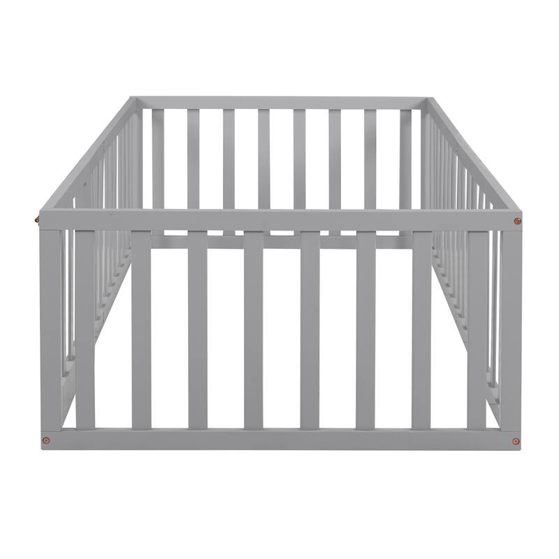 Twin Size Wood Daybed Frame with Fence and Door, Gray