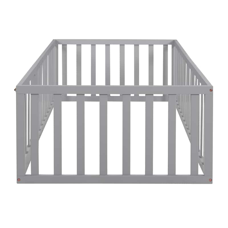 Wood Floor Bed Frame with Fence and Door, Sturdy and Durable Bed Frame, Twin Size