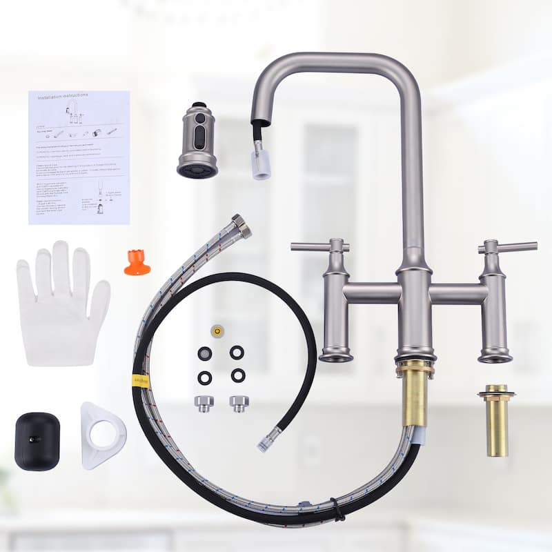 WOWOW Double Handle Bridge Kitchen Faucet with Advanced Spray