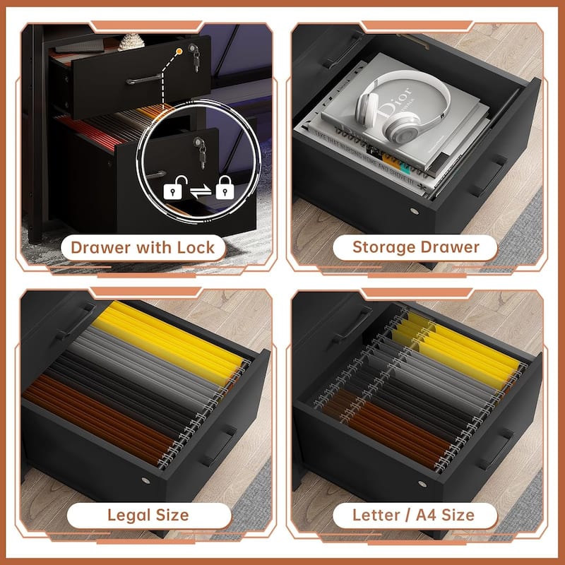LED Computer Desk With Lock Drawers Keyboard Tray Power Outlet