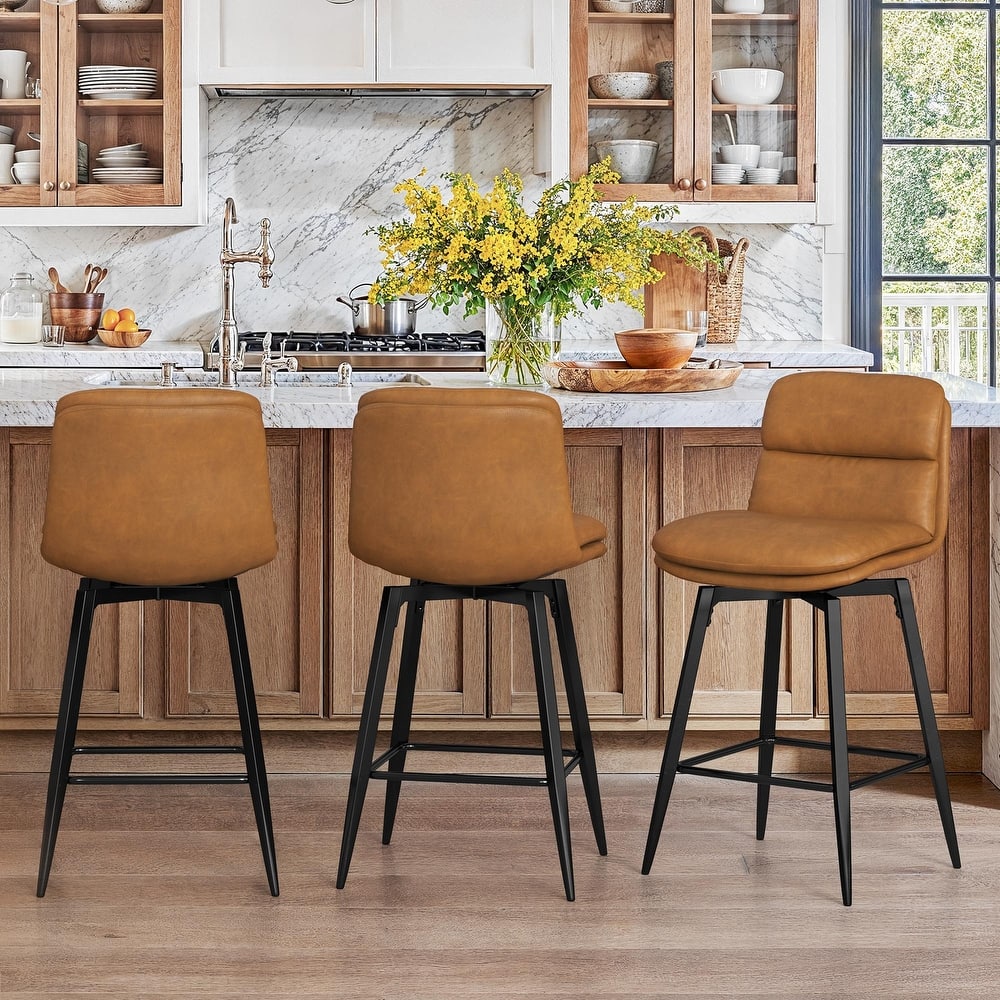 Upholstered Faux Leather Bar Stools with Back and Metal Legs Set of 2/3/4, 26" H Seat Height, 360° Swivel Bar Stools Brown