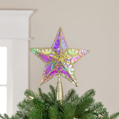LED Lighted Iridescent Glittered Star Christmas Tree Topper - 11" - Gold - Multicolor Lights