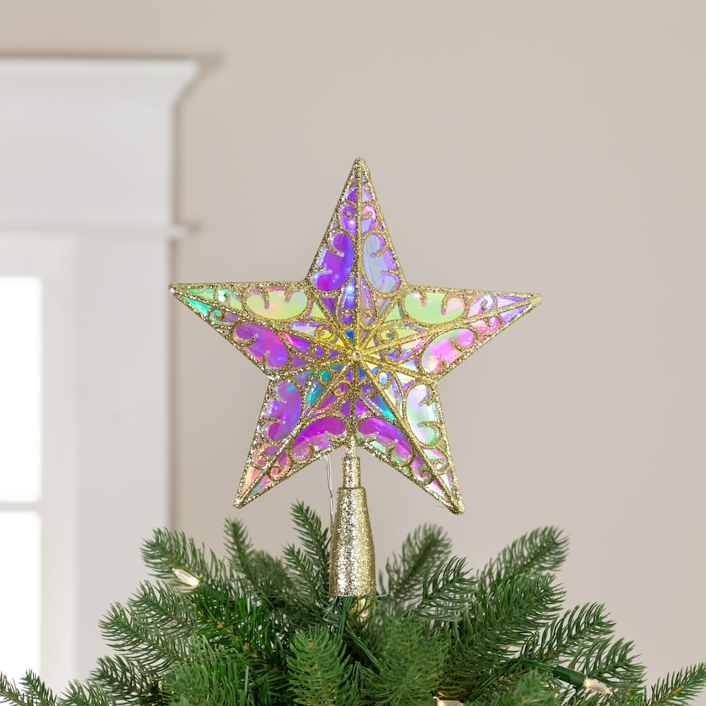 LED Lighted Iridescent Glittered Star Christmas Tree Topper - 11" - Gold - Multicolor Lights