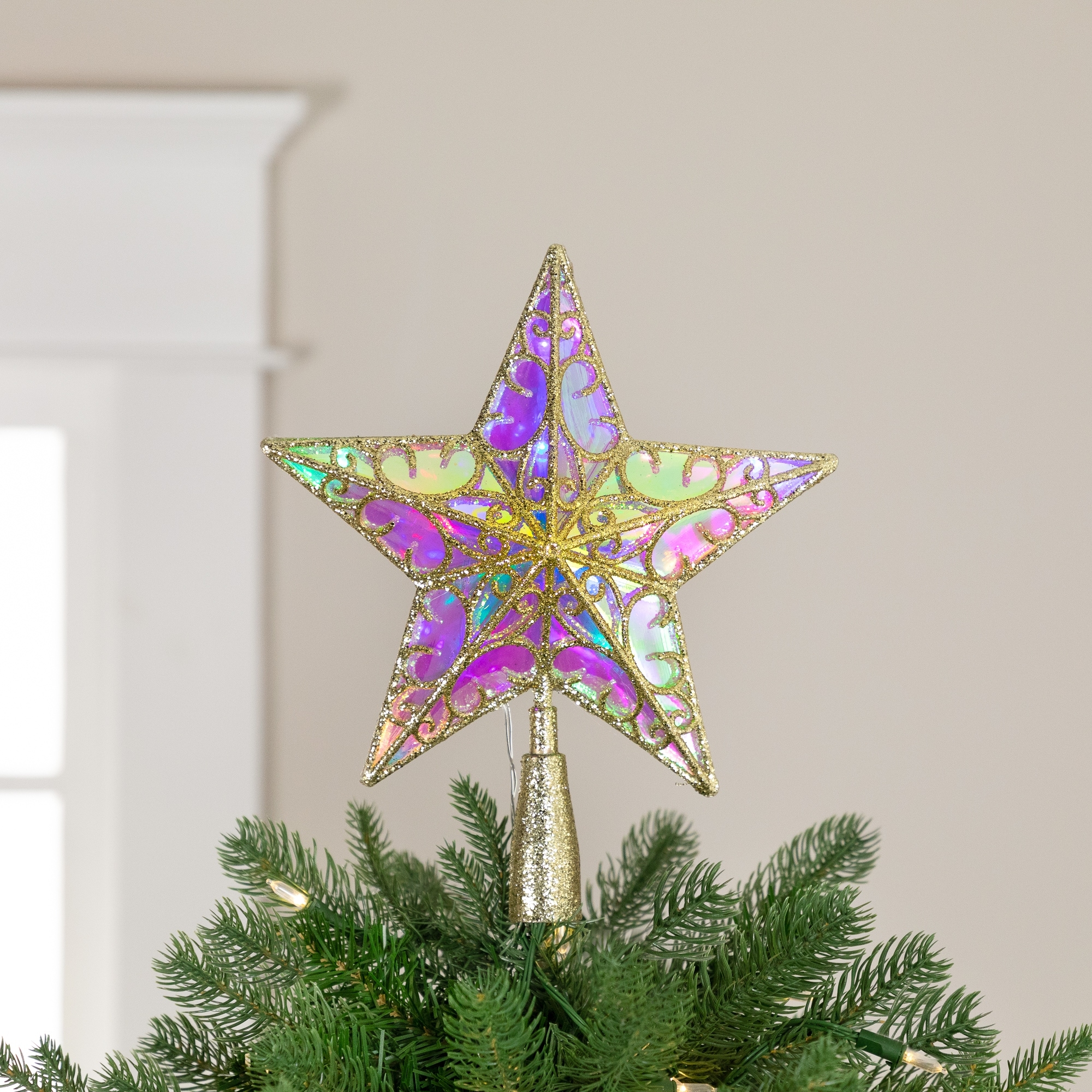 LED Glitter Star Christmas Tree Topper 10.5" Iridescent Multi Lights