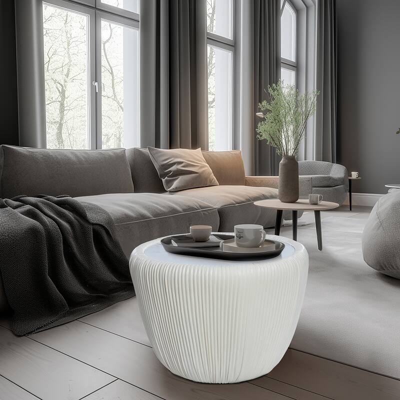 15.8" H Pleated Leather And Marble Tabletop Drum Round Side Table